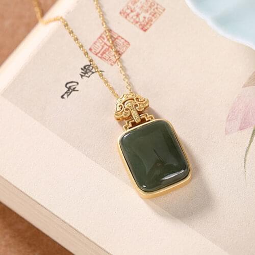 Genuine Natural S925 Sterling Silver Natural Hotian Jade Pendant Womens Square Retro Temperament Ladies Clavicle Chain Necklace