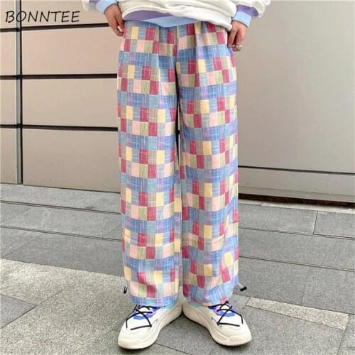 Casual Pants Candy Colors Plaid Loose Wide Leg High Waist Korean Style Feminino Trousers Stylish All-match Sweet Streetwear Chic