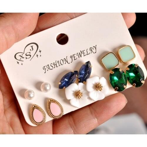 Modern female earrings, birthday accessories for men and women: pearl earrings green and pink green mixed set 6 pairs/set