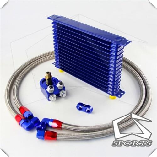 UNIVERSAL 15 ROW AN-10AN OIL COOLER KIT TRUST TYPE + M20*1.5 / 3/4*16 Filter Adapter Hose Kit Blue