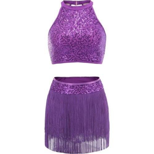 Belly Dance Latin Sequin Halter Top Bra Belt Hip Skirt Set Solid Color Sexy Party Costume Tassel Stage Performance Sets