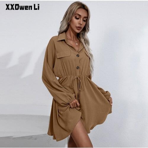 Women Autumn Lantern Sleeve Lace Up Mini Dress Elegant Pure Color Office Lady Buttons Turn-down Collar Dresses Womans Clothing
