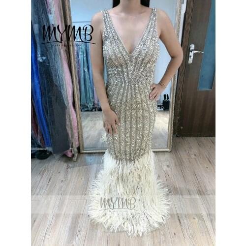 Sexy V Back Luxury Couture Beading Girls Birthday Party Dress Champagne Feather Bottom Prom Dress 2021 MY31117