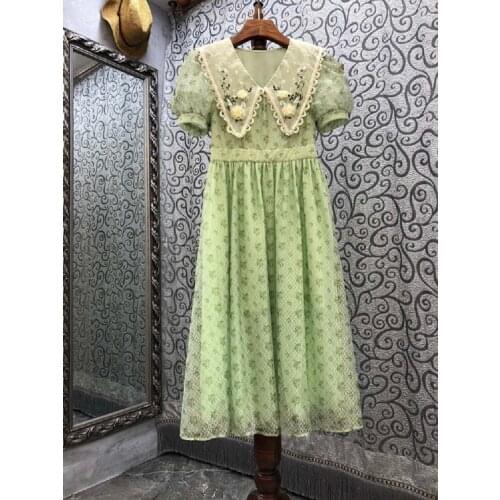 New Celebrity Style Dress 2021 Summer Party Women Turn-down Collar Sweet Floral Print Short Sleeve Mid-Calf Length Green Dress