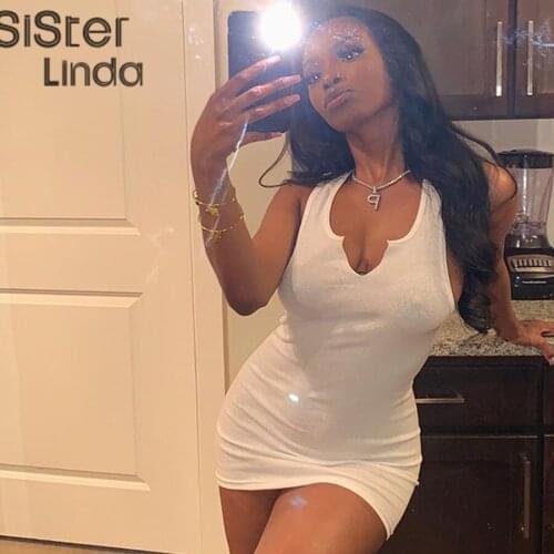 Sisterlinda Sexy V Neck Ribbed Knitting Bodycon Mini Dresses Women Solid White Skinny Summer Party Club Sundress Ladies Vestidos