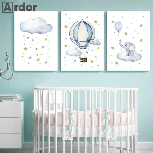 Gold Blue Star Cloud Poster Elephant Wall Art Canvas Print Hot Air Balloon Painting Nursery Prints Wall Pictures Kids Room Decor
