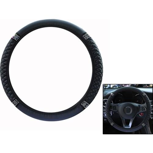 1Pcs Car Steering Wheel Case Cover Shell Skidproof For 15"/38cm Black PU Leather Diamond Protector Car Accessories