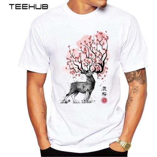 2019 TEEHUB Mens Fashion Sakura Deer Printed T-Shirt Short Sleeve Novelty Design Tops Cool Tee
