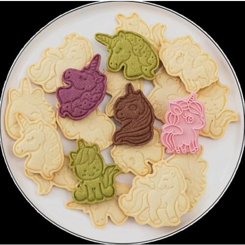 6Pcs/set Unicorn Shape Cookie Cutters Plastic 3D Cartoon Pressable Biscuit Mold Cookie Stamp Kitchen Baking Pastry Bakeware Tool