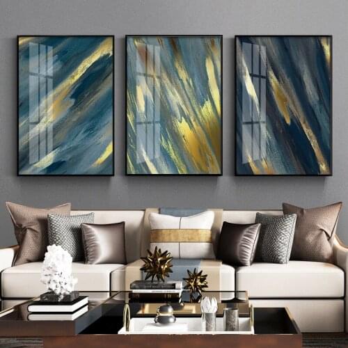 Abstract Golden Foil Poster Blue Ocean Landscape Nordic Wall Art Pictures Print Canvas Painting Modern Living Room Decor