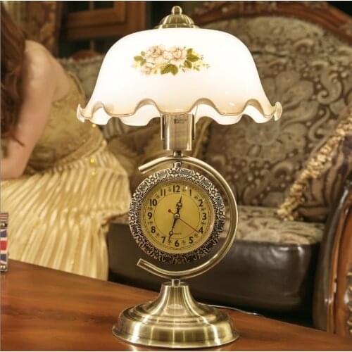 American retro hand-drawn camellia glass Table Lamps Classic clock E27 LED dimming lamp for bedside&narrow table ZLTD006