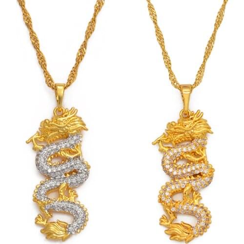 Anniyo Chinese Dragon Pendant Necklaces for Women Girls Gold Color Jewelry Cubic Zirconia Mascot Ornaments Lucky Symbol #068804