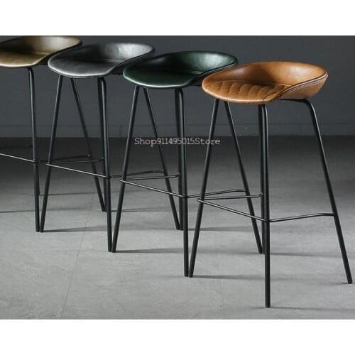 Bar Stool Retro Saddle Leather High Chair Bar Stool Industrial Style Bar Stool Household Light Luxury Backrest High Stool