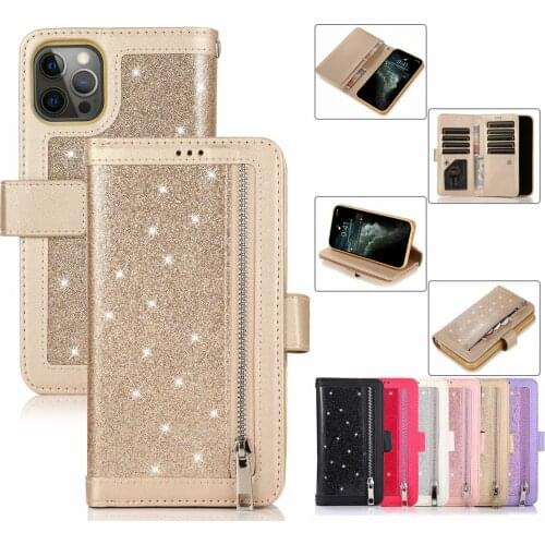 Glitter Mobile Phone Bag Case For iPhone 12 Pro Max 11 XS Max XR X SE 2020 7 8 Plus 6s 12Mini Zipper Wallet Card Leather Case