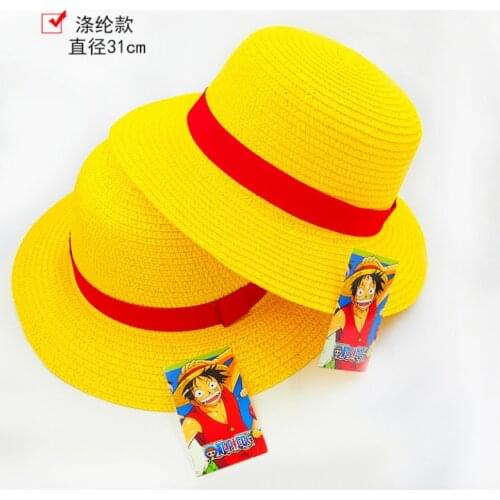 2021 Boy Girl One Piece Cap Straw Hat Neck String Luffy Flat Hats Cosplay Japanese Cartoon Props Hat Kid Red Stripe Beach Hat