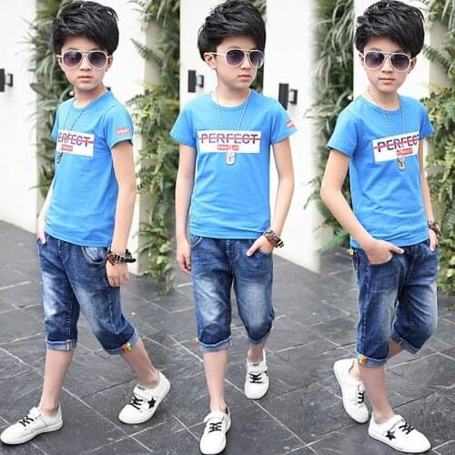 Kids Sets Cotton T-shirt + Knee-length Denim Shorts Boys' Short-sleeved Suit Children Summer Wear 2pc Set Big Boy 4-14 Ages