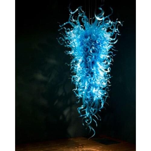 Staircase Designer Glass Pendant Lamps Blue American Style Hand Blow Glass Chandelier for Hotel Foyer High Ceiling Art Deco