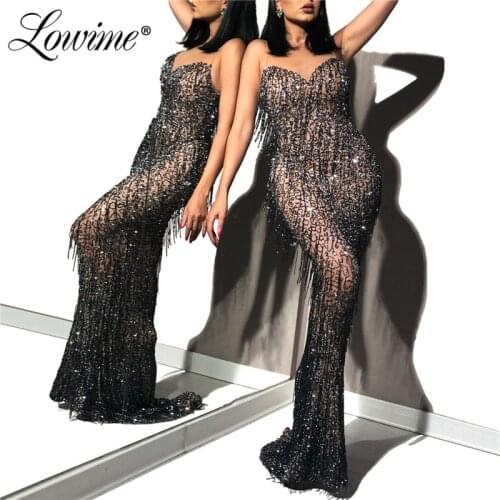 Black Tassel Beaded Plus Size Evening Dress Long Mermaid Illusion Prom Dresses Woman African Vestidos Abendkleider 2020 Custom