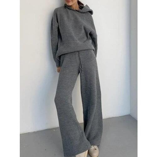Corduroy Pants Set Women Wide Leg Pants Hooded Sweater Set Girls Autumn Winter High Waist Loose Straight Outfits Two Piece Set