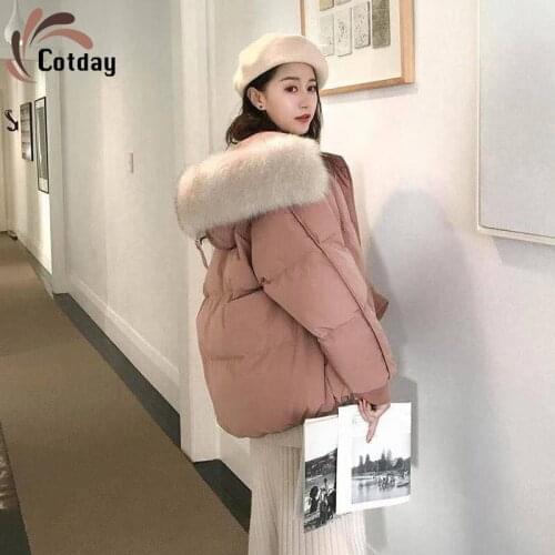 Cotday Short Cotton Clothes With Hooded Removable Casual Big Fur Collar Fashion Women Pockets Woman Thick Winter Jackets Coats