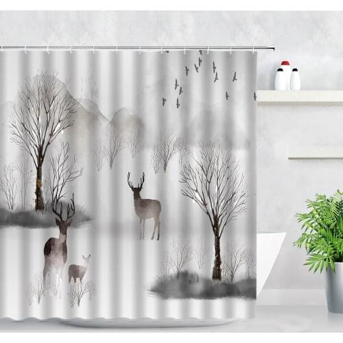 Landscape Shower Curtain Set Forest Elk Birds Nordic style Modern Home Wall Background Decor Waterproof Fabric Bathroom Curtains