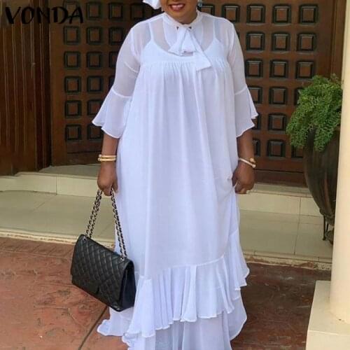 Summer Sleeveless Dress 2021 VONDA Ladies Bow Neck Flare Sleeve Pleated Ruffled Hem Long Maxi Sundress Femme Bohemian Vestidos