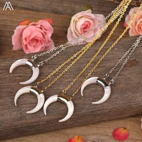 Natural White Shell Ox Horn Pendant Gold Silvery Tennis Chains Necklace For Women Boho Single Shell Beads Adjustable Necklace