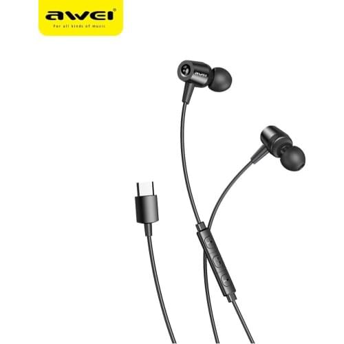 AWEI Wired Earphone Type-C Plug In-ear 1.2m Length Volume Control With Microphone Universal TC-1 For Mobile Phone
