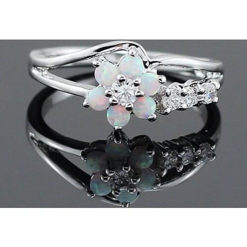 2020 New Trendy White/Blue/Red Imitate Opal Flower Rings For Women Luxury Zircon Female Jewelry Engagement Party Valentine Gifts