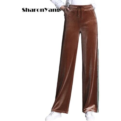New Autumn Womens Pants Wide Leg Pants Side Stripe Gold Velvet Casual Loose Brown Pants Women High Waist Plus Size Trousers