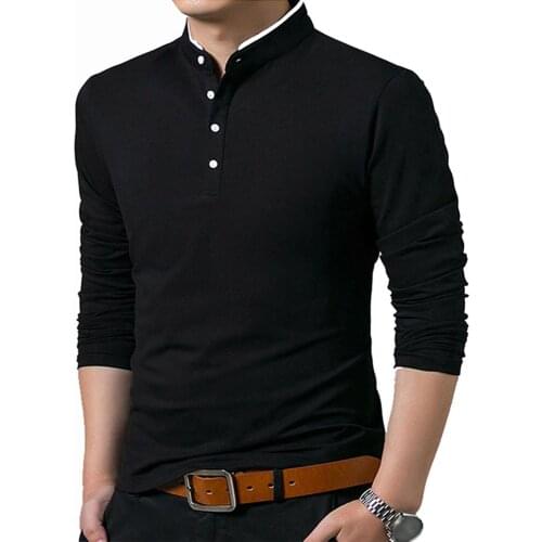 Autumn T-Shirt Men Cotton T Shirt Full Sleeve tshirt Men Solid Color T-shirts tops&tees Mandarin Collar Long Shirt Size S-2XL