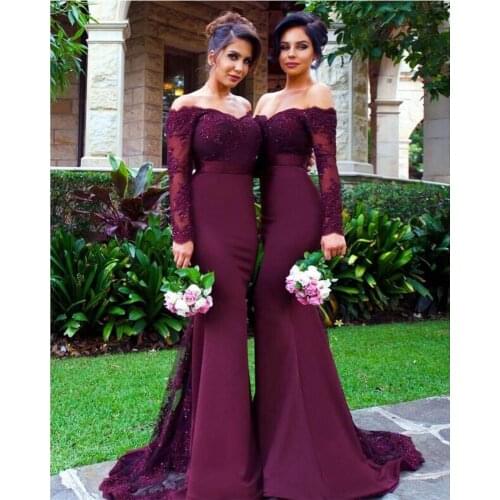 Romantic Long Sleeve Lilac Bridesmaid Dresses Vestido Para Madrinha 2019 Sheer Lace Appliques Sweep Train Party Gown Hot Sale