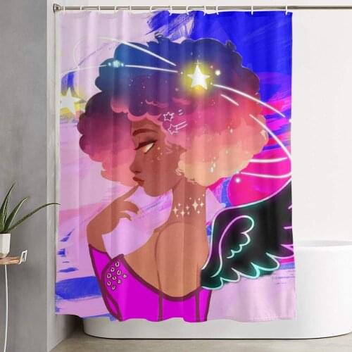 Pink Purple Afro Hair Girl Blue Themed Decor Decoration Bathroom Shower Curtain