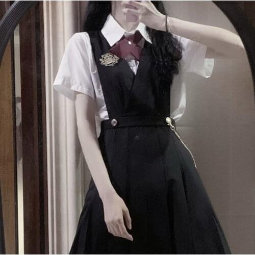 Japanese Style School Uniform Navy Neck Red Bow Lacing Pure White Shirts Sling Black Long Pleated Dresses Genuine Jk Uniform