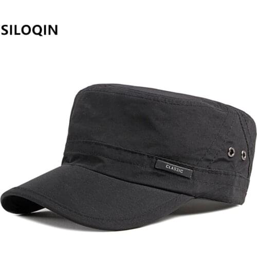 SILOQIN Adjustable Size Mens Cotton Military Hats Snapback Cap Men Flat Cap Navy Hat Black Cap Simple Casual Fashion Sports Cap