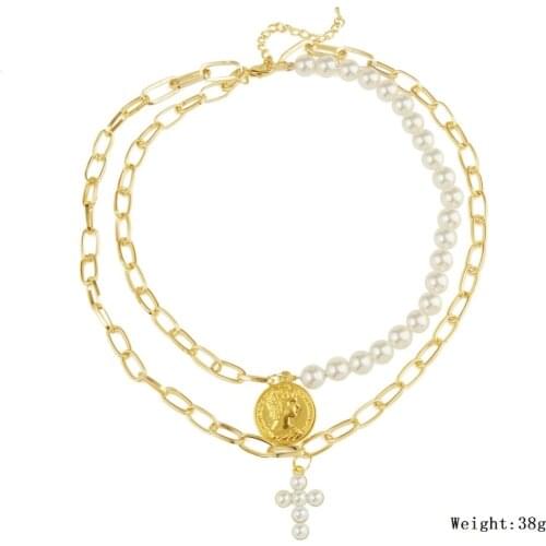Stylish Vintage Retro Cross Necklace Jewelry Multi-layer Curb Chain Simulative Pearl Portrait Pendant Necklace For Female