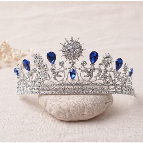 Luxury Elegant Blue Crystal Star Moon Bridal Crown Tiaras Rhinestone Pageant Diadem Veil Tiara Wedding Hair Jewelry Accessories