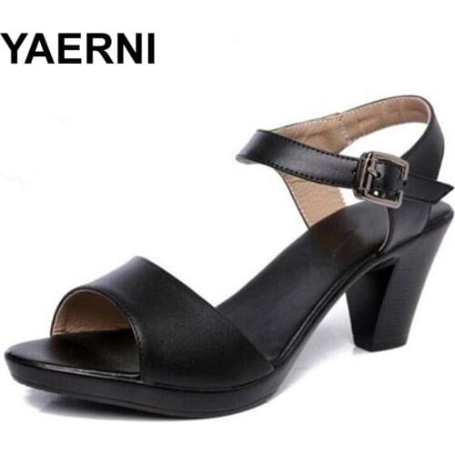 YAERNINew Open Toe Cowhide Leather Sandals Women Shoes High Heel Sandals Elegant Fashion Casual Shoes Women Sandals PlusSizeE904