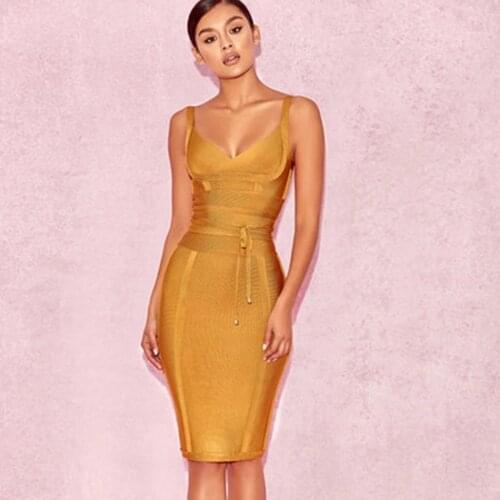 Yellow Spring New 2018 Spaghetti Strap Belt Bodycon Knee Length Bandage Dress Clubwear Party Dresses