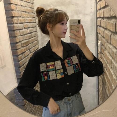 Shirt Womens Spring Retro 2021 Embroidered Chiffon Top Long Sleeve V-neck Ins Super Popular Loose Student Style