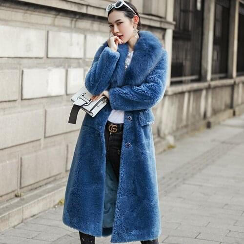 100% Wool Female 2020 Winter Jacket Women Fox Collar Sheep Shearling Fur Coat Korean Long Coats MY3724