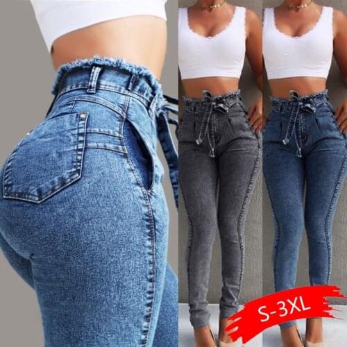 High Waist Jeans For Women Slim Stretch Denim Jean Bodycon Tassel Belt Bandage Skinny Push Up Jeans Woman