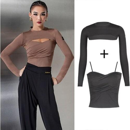 2021 New Latin Dance Costume Women Sling Long Sleeve Waistcoat Dance Tops Latin Pants Female Ballroom Clothes Stage Wear SL5466