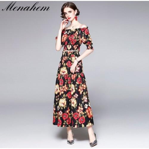 Menahem Summer Holiday Floral Two Piece Set Women Off Shoulder Flower Print Crop Top + Elastic Waist Maxi A Line Skirt Suit