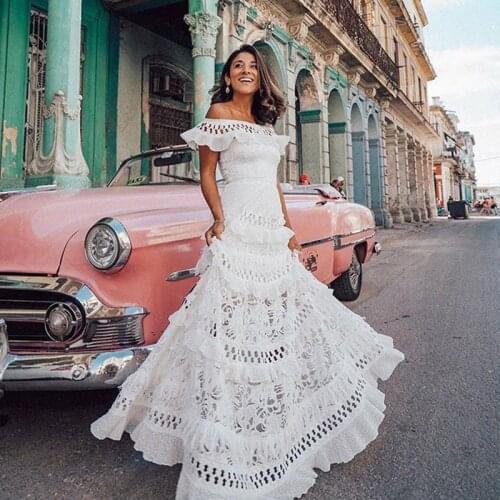 Robe Ceremonie Femme Women Sexy Slash Neck Off Shoulder Hollow Lace Dress Patchwork Swing Ruffle Maxi Dress White Party Frocks