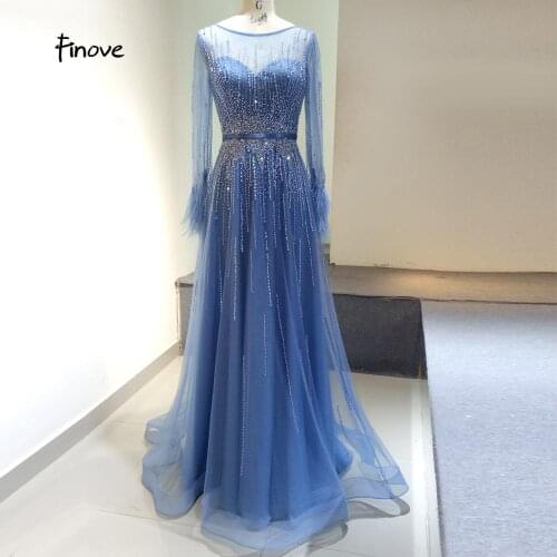 Finove Gorgeous Blue Evening Dress 2020 A-Line Gowns Full Sleeves Feathers Neck Line Long Floor Length Elegant Formal Dresses