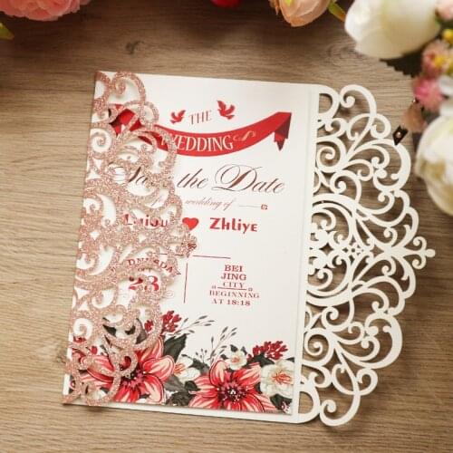 100X Pink Gold Glittery Wedding Invitation with Envelope DIY Flower Personalized Printing Cards For Marriage Annoucement Party