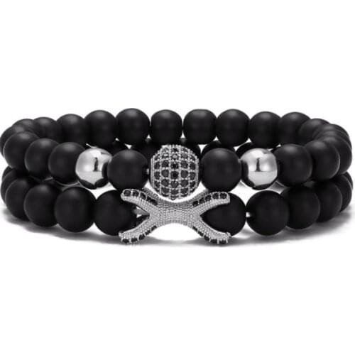 2pcs/lot 8mm ball crown gold silver copper cz zircon cubic zirconia beads bohemian Bracelet agate Onyx Stone Bangles fg53