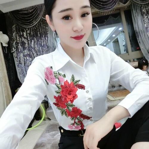 2021 New Spring Autumn Women Elegant Floral Embroidery Slim Blouses Office Ladies Casual Turn Down Collar Button Up Shirts M61