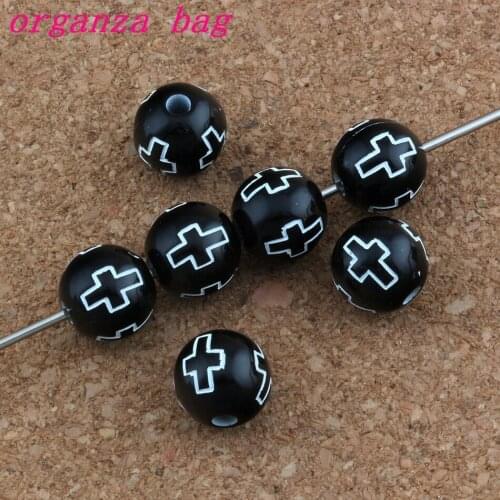 500Pcs / Lots Hollow Cross Carved Acrylic Round Spacer Beads Black Color Religious Loose Beads 10mm Jewelry E-4